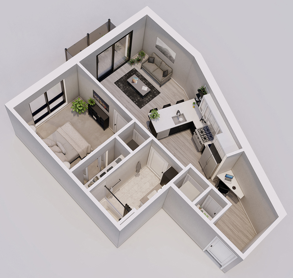 Floor plan for 1 bed, 1 bath, 626 sqft